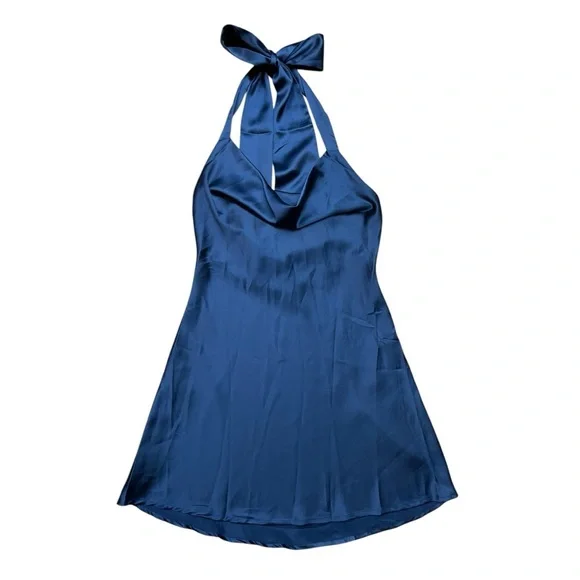 Navy Draped Cowl Neck Satin Sleeveless Dress - Picture 6 of 12